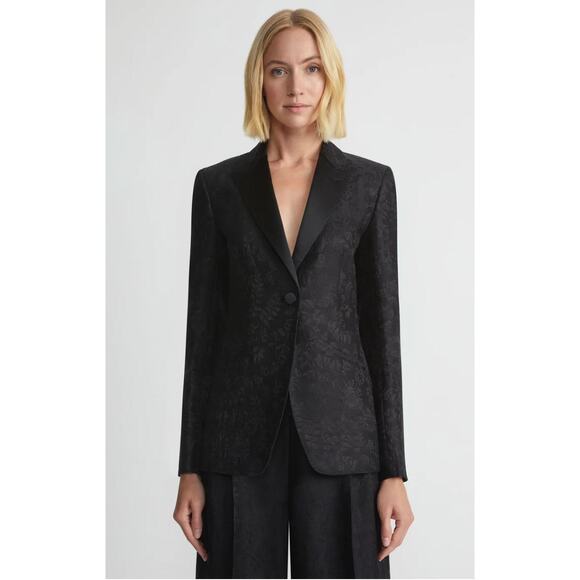 Lafayette 148 Flora Bloom Wool Silk Blazer US 8 Jacquard Suit Jacket Black Tie - Picture 1 of 16